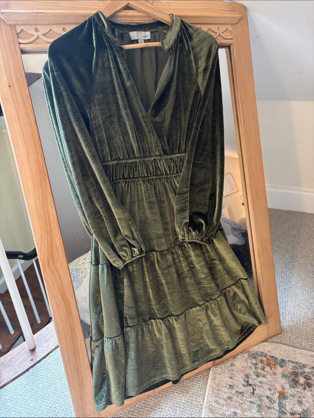 Olive Green Velvet Tiered Long-Sleeve Dress